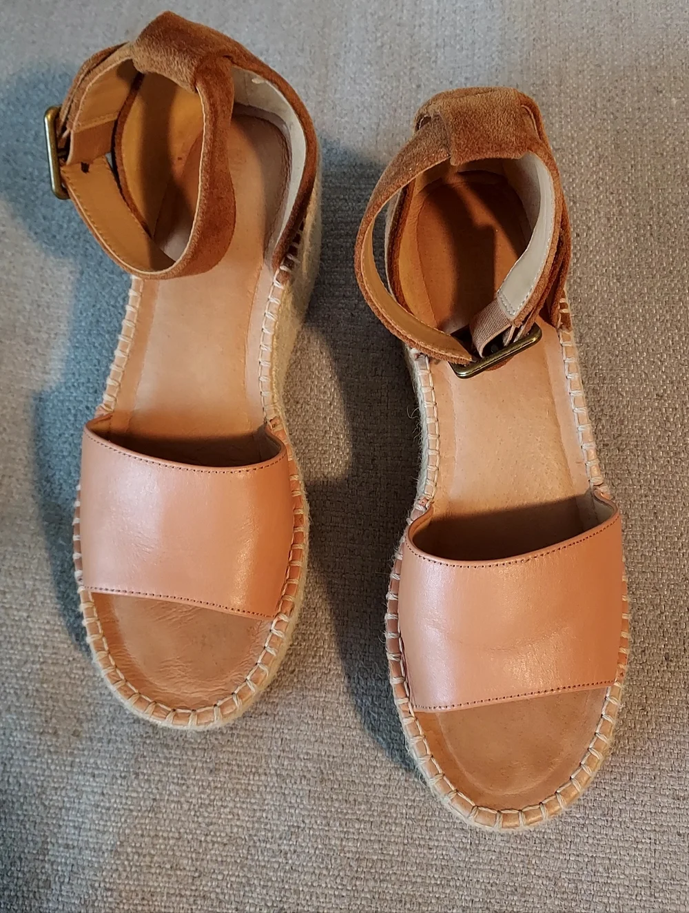 Soludos Tan Leather Espadrille Wedge Sandals with Ankle Strap Sz 7.5